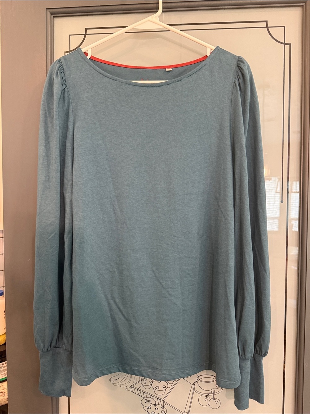 Boden Dusty Blue Long Sleeve Top with Puff Shoulders, 10